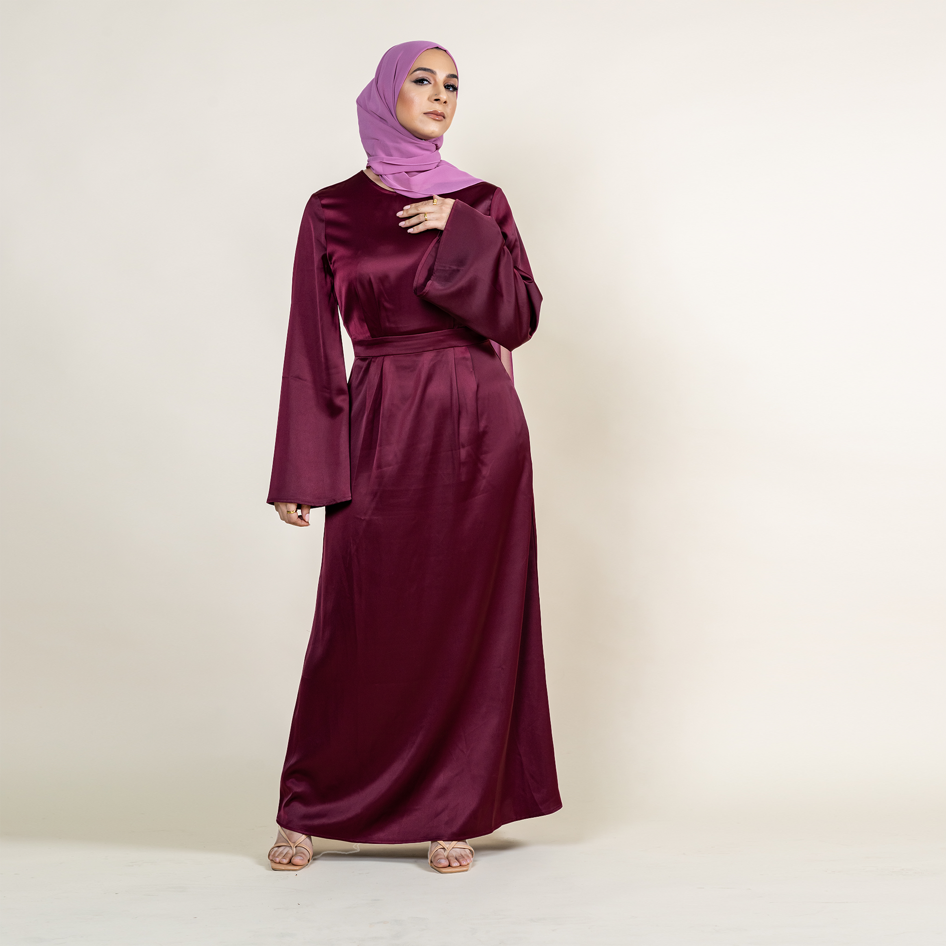 Burgundy Abaya Dress Flowy Satin Maxi Dress Sabad